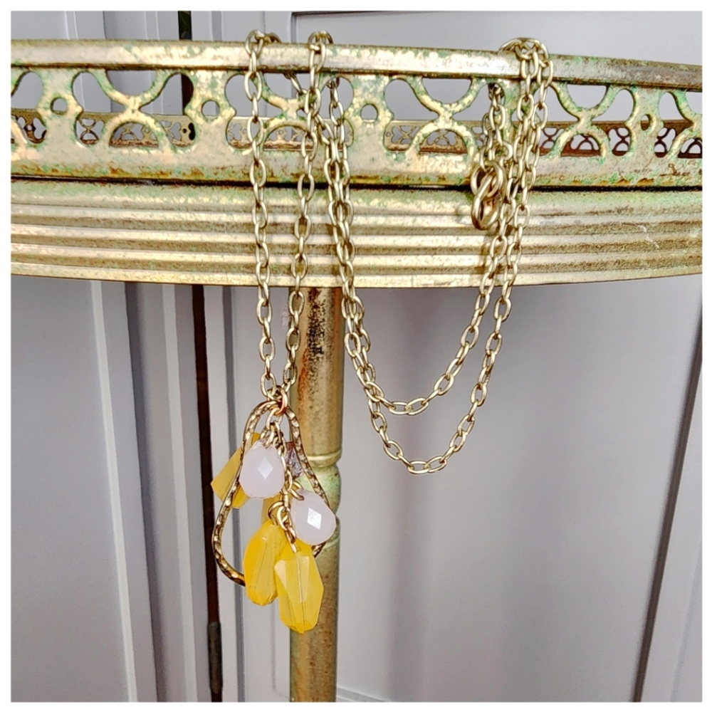 NWOT Gold-Tone Layered Chain Necklace with Yellow and Pink Bead Accents - Picture 2 of 2